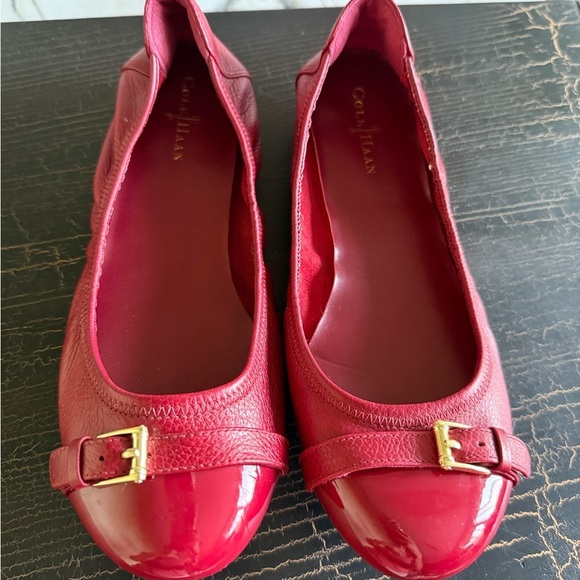 Cole Haan Red Flats with Glossy Finish and Gold Buckle - Picture 1 of 7